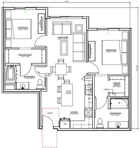 Floor plan for 2 beds, 2 baths, 884 sqft